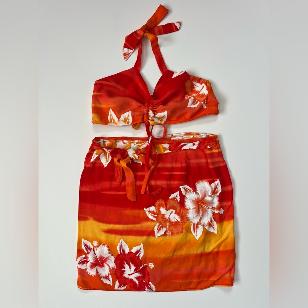 Vintage Hibiscus Collection Hawaii Halter Top & Wrap Mini Skirt Set